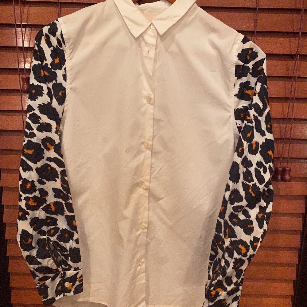 RARE - H&M White Shirt with Leopard Print Sleeves